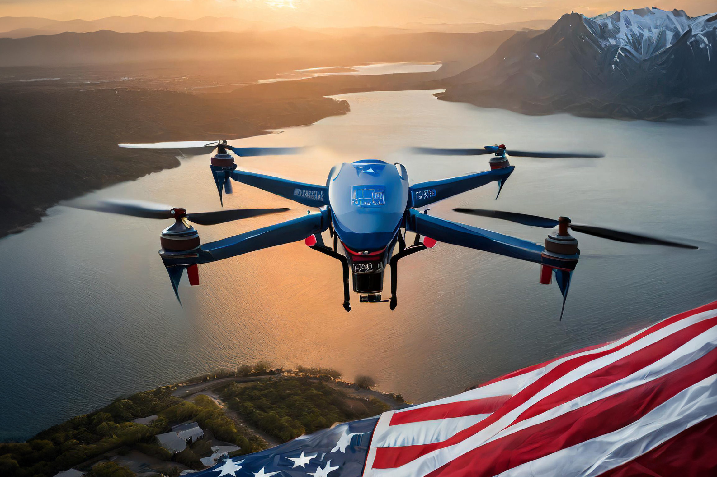 A drone flying over a body of water surrounded by mountains and the United States flag.